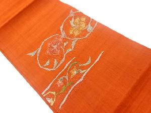 手織り紬汕頭相良刺繍花唐草模様織出し名古屋帯